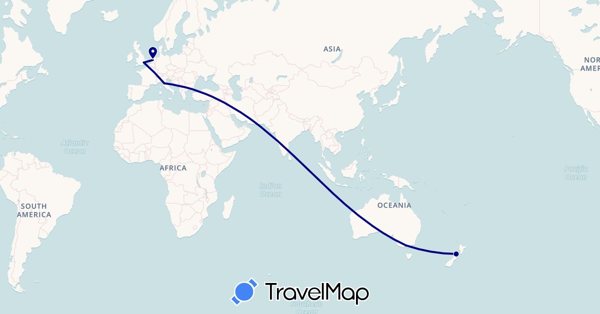 TravelMap itinerary: driving in Australia, United Kingdom, Italy, Netherlands, New Zealand (Europe, Oceania)